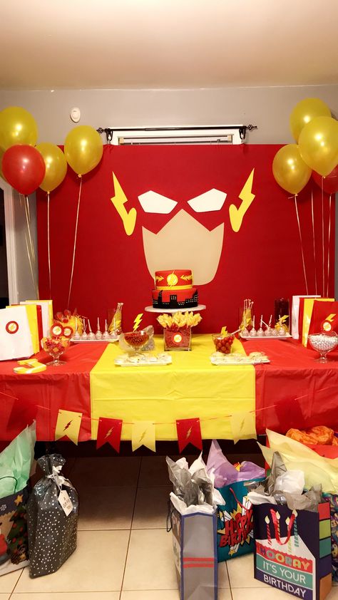 Tried to re create The Flash birthday I seen here before The Flash Themed Birthday Party, Flash Birthday Party Decorations, Flash Themed Birthday Party, The Flash Birthday Party Ideas, Flash Party Decorations, Flash Party Ideas, Flash Birthday Party Ideas, The Flash Birthday Party, Flash Birthday Party