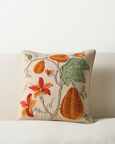 Squash Botanical Embroidered Pillow Cover Embellishment Techniques, Porch Pillows, Harvest Pillows, Fall Room Decor, Botanical Pillow, Embroidered Pillow Covers, Pumpkin Pillows, Punch Needle Patterns, Fall Pillows