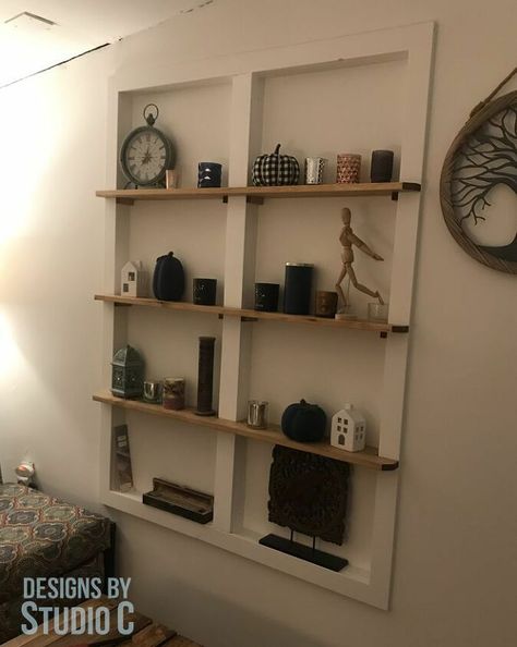 Sometimes there just isn't enough space in a room for shelving as is the case in our new front room. there is another option: to put the shelving in the wall between the studs! Before I installed the drywall on this wall, I built two narrow cubbies to fit between the studs using 1x6 lumber (ripped down to a narrower width) and 1/4" plywood for the back. Once the drywall was installed, I built a frame around the outside of the cabinets and added a piece to cover the stud in the cent… Recessed Bookshelf In Wall, Diy Wall Niche, Diy Wall Shelving, Apartment Washer, Build A Shelf, Between The Studs, Tiny Half Bath, Entryway Diy, Wall Niches