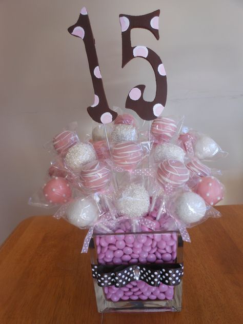 15th birthday party cake pop bouquet made by Amy at www.facebook.com/misscakepop. Cake Pop Centerpiece, Cheesecake Cake Pops, Strawberry Cheesecake Cake, Fun Cake Pops, Cake Pop Bouquet, 15th Birthday Party Ideas, Cake Pop Displays, Edible Centerpieces, Candy Centerpieces