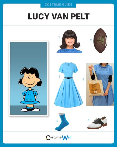 The best costume guide for dressing up like Lucy van Pelt, the bossy and opinionated character from the Charles Schulz comic strip Peanuts. Charlie Brown Family Costume, Lucy Van Pelt Costume, Peanuts Gang Costumes, Peanuts Costumes, Charlie Brown Halloween Costumes, Peanuts Halloween Costume, Snoopy Costume, Peanut Costume, Charlie Brown Costume