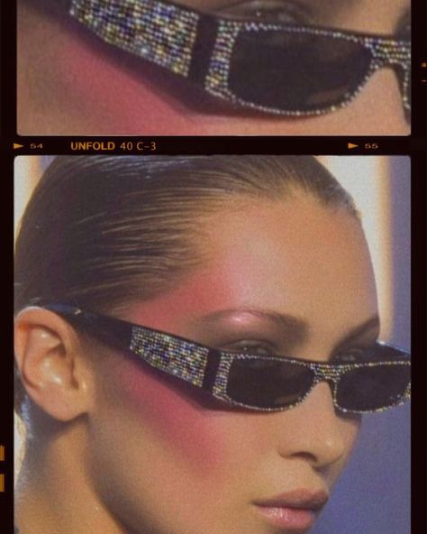 LATE NIGHT IN PARIS on Instagram: “@bellahadid ⚡️” Miami Vice Makeup, 80s Miami Aesthetic, Miami Vice Aesthetic, Cat Eye Colors, Fake Glasses, Shady Lady, Cute Glasses, Miami Vice, Trendy Swimwear