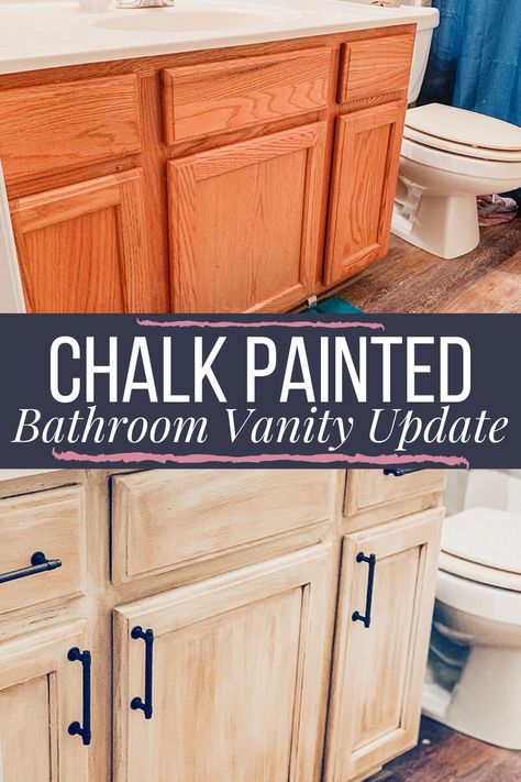 DIY chalk paint updated bathroom vanity cabinet using Rustoleum chalk paint and glaze. A full tutorial on using this paint and the pros and cons associated with it. Bathroom Vanity Update, Vanity Update, Rustoleum Chalk Paint, Painted Vanity Bathroom, Bathroom Diy Ideas, Updated Bathroom, Oak Vanity, Painted Bathroom, Vanity Makeover