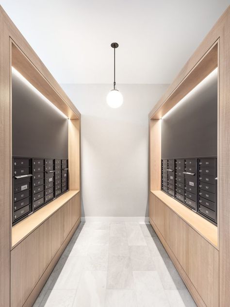 Office Mail Room, Mail Room Design, Lobby Design Residential, Residential Lobby Design, Apartment Mailboxes, Residential Lobby, Apartment Lobby, Mail Room, Corridor Design