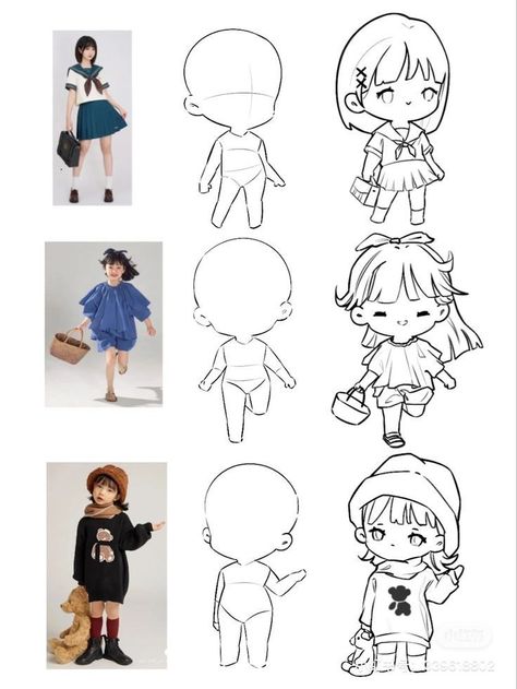 Flirting Expressions Drawing, Cute Chibi Poses Drawing, Chibi Dress Reference, Chibi Character Design References, Chibi Illustration Character Design, Anime Chibi Poses Reference, Cute Poses Drawing Chibi, Chibi Tutorial Step By Step, Chibi Poses Reference Cute