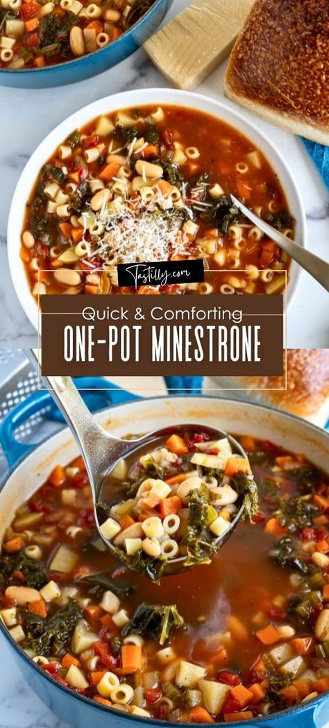 Quick & Comforting One-Pot Minestrone - Ready in 30! - Tastilly One Pot Minestrone Soup, Quick Minestrone Soup, Mediterranean Soups, Winter Minestrone, Mediterranean Soup, Easy Honey Garlic Chicken, Mediterranean Meals, Minestrone Soup Recipe, Canning Food