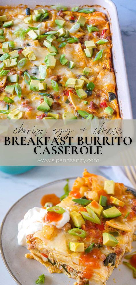 A chorizo, egg and cheese breakfast burrito casserole topped with sliced scallions and diced avocado. Egg Cheese Casserole, Breakfast Burrito Casserole, Chorizo Burrito, Chorizo Breakfast, Burrito Casserole, Protein Veggies, Cheese Breakfast, Egg Cheese, Breakfast Burrito