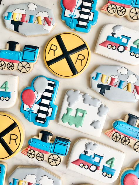 Train Birthday Party Cookies, Train Party Cookies, Train Theme Cookies, Train Third Birthday Party, Train 4th Birthday Party, Thomas The Train Cookies, Train First Birthday Party, Train Cookies Decorated, Two Two Train Birthday Party