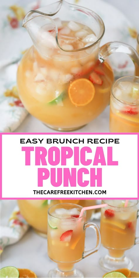 This homemade Tropical Punch recipe is a great way to add a little sunshine to your breakfast. Filled with citrus, pineapple juice, guava juice, and fizzy ginger ale, this easy punch recipe is the perfect non-alcoholic drink to serve for your next baby shower, holiday brunch, and more. Drink Recipes For Parties, Juice Punch Recipes Non Alcoholic, Citrus Drinks Non Alcoholic, Bulk Drinks For Party Non Alcoholic, Luau Punch Recipes Non Alcoholic, Baby Shower Punch With Sherbert, Non Alcohol Punch Recipes, Pineapple Juice Drinks Non Alcoholic, Tropical Brunch Ideas