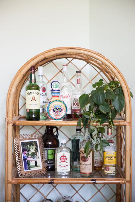 Cane Shelf, Rattan Shelf, Liquor Shelf, Tropical Interiors, Cottage Dining Rooms, Shelf Decor Living Room, Tyler Moore, Chicago Apartment, Bohemian Kitchen