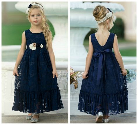 Blue Lace Flower, Navy Blue Flower Girl Dresses, Blue Flower Girl Dress, Country Flower Girls, Bohemian Flower Girl Dress, Navy Flower Girl, Bohemian Flower Girl, Flower Girl Dresses Navy, Flower Girl Dresses Country