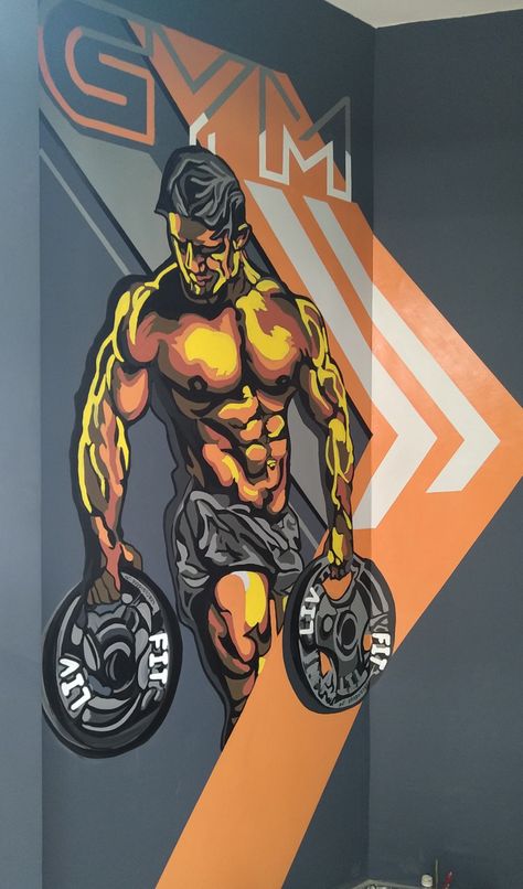 Wallpaper For Gym Wall, Gym Painting Ideas Wall Art, Gym Wall Art Ideas, Gym Graphic Design Wall Art, Gym Art Graffiti, Home Gym Mural, Wall Penting Design, Gym Painting Ideas, Gym Wallpaper Backgrounds