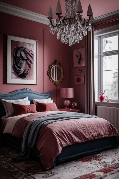 Deep Pink Room, Rose Colored Bedroom Ideas, Dusty Pink Accent Wall Bedroom, Dark Pink Ceiling, Dark Pink Bedding, Mauve Walls Bedroom, Deep Pink Bedroom, Dark Pink Bedroom Ideas, Sulking Room Pink Bedroom