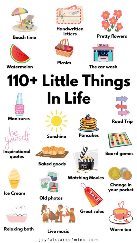 Discover the joy in the details! 🌈 Dive into our list of 110+ little things that turn ordinary into extraordinary. Elevate your daily routine and find happiness in the smallest moments. 🌟 Things That Bring Me Joy List, Things That Bring Joy, Things That Bring Me Joy, Things That Make Me Happy Journal, Journal Things That Make Me Happy, Little Things That Make Me Happy List, Things To Do Daily To Be Happy, Things To Be Happy About Journal, Things That Make Me Happy List