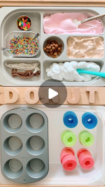 Wendy | Pediatrician on Instagram: "🍩 CALLING ALL DONUT LOVERS! 🍩 This one was totally worth the mess 😎 Save and share before you put those pool noodles away!   Idea credit belongs entirely to Piper who designed this whole setup 🤯 This is what a 4 year old raised on sensory play is capable of 👏🏻👏🏻👏🏻   👉🏻 STEPS:  Cut pool noodles into slices for your donut base  Set out toppings:  - FROSTING: shaving cream (+/- food coloring)  - SPRINKLES: colored rice (food coloring + vinegar recipe)  - GLAZE: yarn  - CHOCOLATE: pom poms - FRUIT: mini erasers from @target  💡 Cool thing, noodle slices fit standard muffin pans. Our  girls enjoyed “baking” their donuts before putting them on a tray to cool and serve  ⚠️ Save this for littles who are no longer mouthy! In general, I don’t love sens Pool Noodle Donut, Pool Noodles Activities For Kids, Donut Sensory Play, Noodle Sensory Play, Pool Noodle Activities For Toddlers, Donut Sensory Bin, Food Sensory Activities, Food Activities For Toddlers, Donut Craft