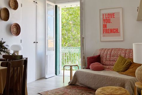 Cute Balcony, Apartment In France, Lots Of Natural Light, Encaustic Tiles, Limestone Wall, Wall Fan, Comfy Couch, Encaustic Tile, Tiny Apartment