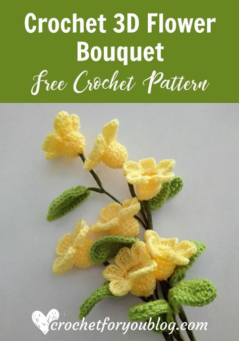 Crochet 3D flower bouquet (Golden Trumpet Vine) Free Pattern - Crochet For You #crochetforyoublog.com #crochetflower #crochet3D Dreamcatcher Crochet, Crochet Plants, Bouquet Crochet, Crochet Puff Flower, Beau Crochet, Crochet Flowers Easy, Crochet Idea, Confection Au Crochet, Crochet Flowers Free Pattern