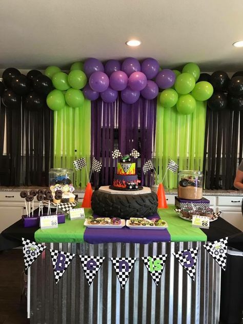 Grave Digger Cake Monster Jam, Monster Truck Treat Table, Grave Digger Birthday Party Ideas, Diy Monster Truck Party Decorations, Monsters Truck Birthday Party Ideas, Monster Truck Party Backdrop, Grave Digger Birthday Party Decoration, Monster Jam Bday Party, Monster Jam Table Decor