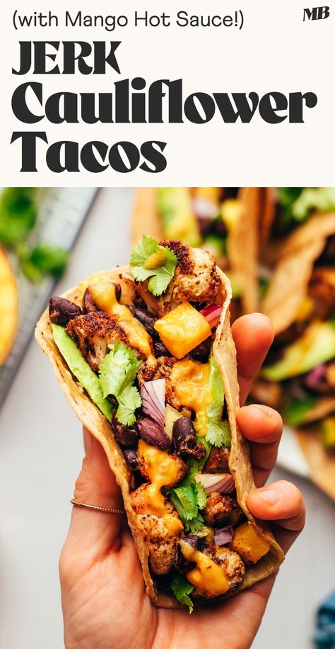 Sweet & spicy, Caribbean-inspired roasted cauliflower tacos with jerk seasoning and mango hot sauce. An easy, plant-based meal ready in just 30 minutes! Jerk Roasted Cauliflower, Vegetarian Tacos Cauliflower, Jerk Tacos, Jerk Cauliflower, Mango Hot Sauce, Roasted Cauliflower Tacos, Lentil Recipes Healthy, Jamaican Jerk Seasoning, Homemade Beans