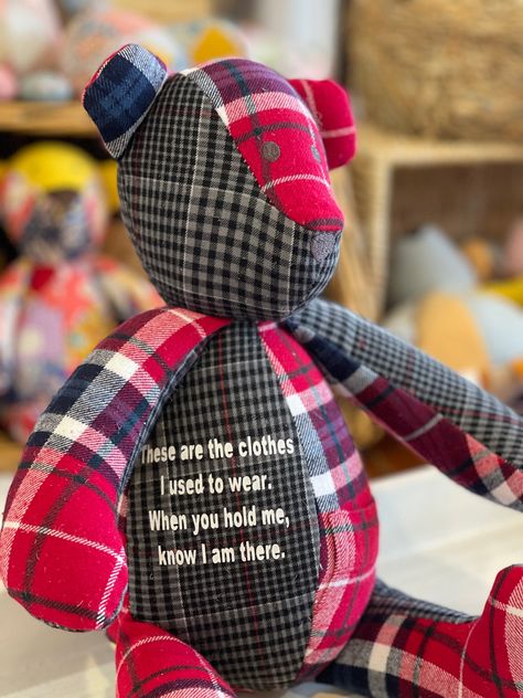 Memory Bears Sayings, Memorial Teddy Bear From Shirts, Memorie Bears Pattern, Bears Made Out Of Shirts Memories, Patchwork Bear, Teddy Bear Memory Shirt, Memory Bears Pattern, Bear Pillow, Memory Crafts