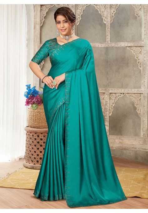 Rama Green Saree, Saree With Heavy Blouse, Bollywood Sarees Online, Party Saree, Heavy Blouse, Bollywood Sarees, Bollywood Bridal, Latest Indian Saree, Party Sarees