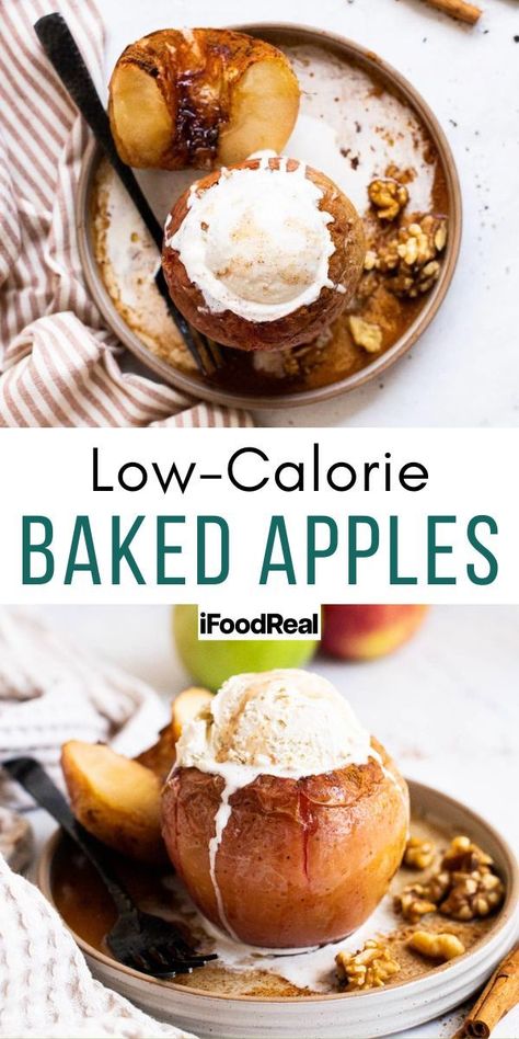 Cozy and warm healthy baked apples with vanilla ice cream. Low Carb Baked Apples, Low Calorie Baked Apples Healthy, Low Calorie Fall Baking, Low Cal Fall Desserts, Low Cal Thanksgiving Recipes, Low Calorie Fruit Desserts, Low Calorie Halloween Treats, Low Calorie Holiday Recipes, Low Cal Apple Desserts