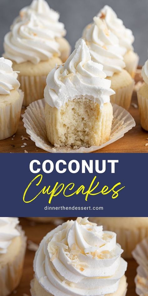 Easy Coconut Cupcakes are tender fluffy cupcakes packed with coconut flavor, plus a coconut buttercream frosting and toasted coconut flakes! Coconut Buttercream Frosting, Coconut Cupcake Recipes, Boozy Cupcakes, Fluffy Cupcakes, Coconut Buttercream, Moist Cupcakes, Coconut Muffins, Coconut Frosting, Coconut Cupcakes