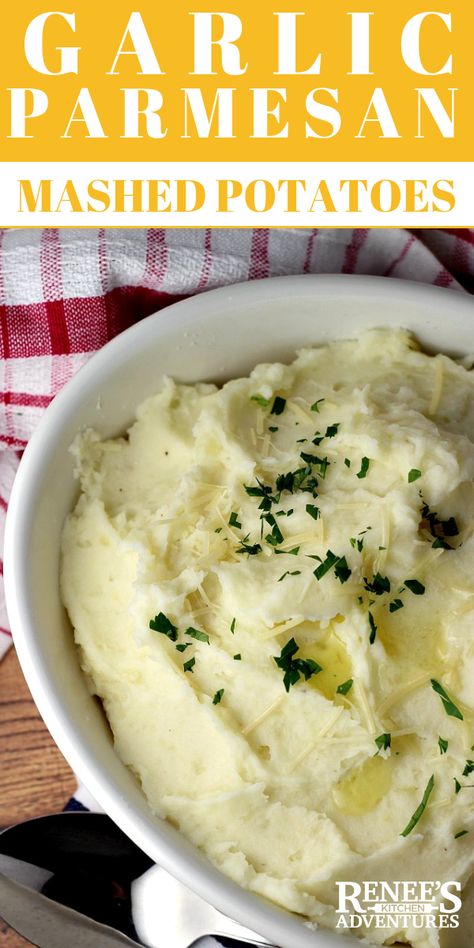 Garlic Parmesan Mashed Potatoes - easy recipe for your favorite comfort food mashed potatoes elevated with fresh garlic and Parmesan cheese for a flavorful side dish that goes well with any meat. #mashedpotatoes #Parmesancheese #potatoes Horseradish Mashed Potatoes, Garlic Parmesan Mashed Potatoes, Cream Cheese Mashed Potatoes, Mashed Red Potatoes, Make Ahead Mashed Potatoes, Parmesan Mashed Potatoes, Red Potato Recipes, Dinner Homemade, Easy Mashed Potatoes