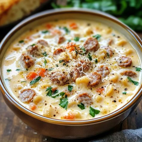 Make this rich and creamy Parmesan Italian sausage soup in just 35 minutes! Perfect for cozy nights and packed with flavor. Serves 6. Sausage Potato Soup, Sausage Soup Recipes, Sausage Potato, Italian Sausage Soup, Cheeseburger Soup, Sausage Potatoes, Mild Italian Sausage, Homemade Dinner Rolls, Stewed Potatoes