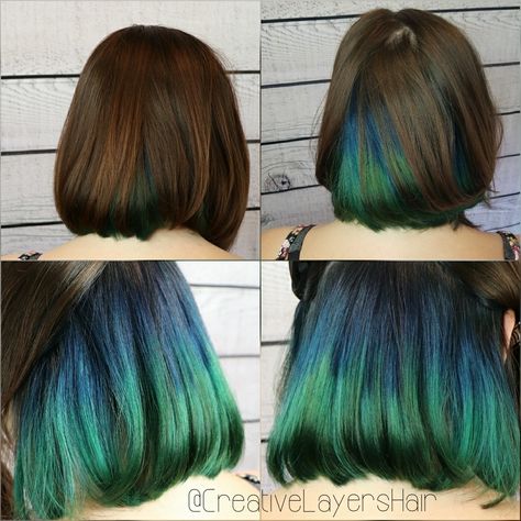 Aqua Peekaboo Hair, Blue And Green Peekaboo Hair, Short Peek A Boo Hair, Under Neath Hair Color Ideas, Hidden Mermaid Hair, Peekaboo Hair Color Short Hair, Short Dark Hair With Peekaboo Highlights, Blue Peek A Boo Hair, Peekaboo Hair Color Green