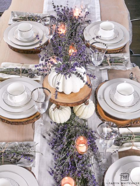 Create a classy and elegant Lavender Fall Tablescape filled with blooms from your own yard! Give it a fall look using white pumpkins and tea light candles. Autumnal Tablescape, Lavender Wedding Theme, Fall Dining Room, Autumn Dining, Fall Tablescapes, Classy And Elegant, Light Candles, Fall Projects, Christmas Tablescapes