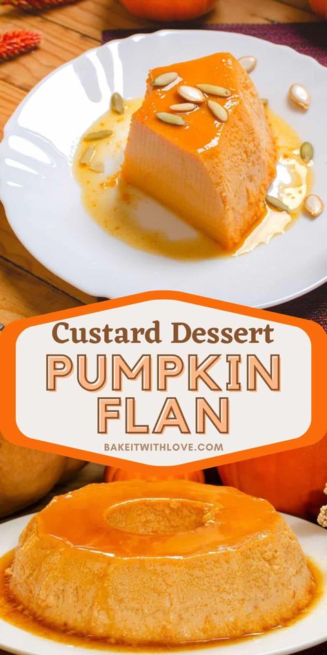 This pumpkin flan is rich, creamy, silky, and loaded with all of your favorite warm and cozy autumn flavors! It is a wonderful seasonal twist on this classic custard dessert. Coated in a decadent homemade caramel sauce, what more could you want? BakeItWithLove.com #bakeitwithlove #pumpkin #flan #custard #dessert #fall Dessert Fall, Pumpkin Flan, Cooking Desserts, Mexican Desserts, Pumpkin Custard, Flan Recipe, Homemade Caramel Sauce, Worship Team, Pumpkin Chocolate Chip Cookies