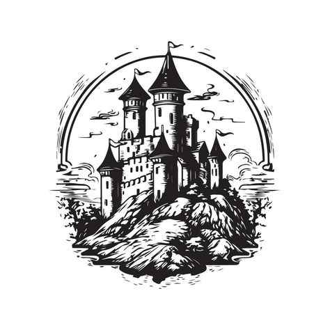 Castle Logo, Logo Line Art, Castle Vector, Castle Tattoo, Black Castle, Logo Line, Hand Drawn Illustration, Black And White Color, Drawn Illustration