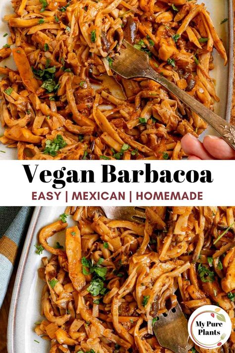 This vegan barbacoa is so flavorful and delicious that you will not be able to tell the difference from the real thing! In this easy recipe, king oyster mushrooms are shredded and tossed in a flavorful sauce to create a juicy and tender dish that you can use in various ways. Whether you add them to tacos, fajitas, or burritos or enjoy it alone, one serving will not be enough! Vegan Oyster Mushroom Tacos, King Oyster Tacos, King Oyster Mushroom Pulled Pork, Barbacoa Seasoning Recipe, Shredded King Oyster Mushrooms, Mushroom Tinga, Mushroom Tacos Recipes, Vegan Barbacoa, Oyster Mushroom Tacos