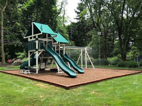 Homemade Swing Set, Swingset Ideas, Kids Garden Playhouse, Playset Landscaping, Playground Backyard Diy, Playground Mulch, Wood Playground, Diy Kids Playground, Backyard Fort