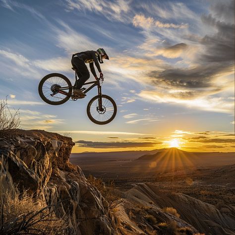 Mountain Biking Sunset: An adventurous mountain biker jumps over a rocky ledge against a breathtaking sunset backdrop. #mountain biking #sunset #adventure #outdoor #cycling #aiart #aiphoto #stockcake ⬇️ Download and 📝 Prompt 👉 https://ayr.app/l/Kac1 Sunset Adventure, Mountain Biking Photography, Sunset Backdrop, Sunset Images, Downhill Mtb, Bike Photography, Bike Photo, Bike Parking, Mountain Biker