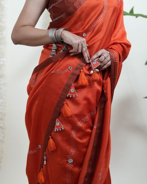 Introducing our new Bindu Saree! ✨ Crafted from handwoven Chanderi silk in a rich burnt orange hue, this stunning piece features darker borders for a striking contrast. Adorned with intricate silver kantha embroidery and delicate mirror detailing, it’s the perfect blend of bold elegance and refined craftsmanship. 🌸💫 #BinduSaree #SaveAsStyle #ChanderiSilk #KanthaEmbroidery #BoldElegance #SustainableFashion #NewArrivals Kantha Sarees, Kantha Embroidery, A Line Kurta, Designs For Dresses, Saree Look, Kolkata, Burnt Orange, Sustainable Fashion, Borders