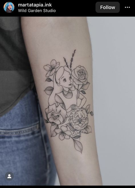 Floral Disney Tattoo, Alice Tattoo Wonderland, Alice In Wonderland Flower Tattoo, Disney Flower Tattoo, Alice In Wonderland Flowers Tattoo, Pansy Tattoo, Alice In Wonderland Tattoo, Disney Sleeve Tattoos, Alice And Wonderland Tattoos