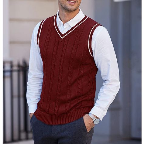 Men's Sweater Vest Pullover Sweater Jumper Cable Knit Layered Glitter Solid Color V Neck Ethnic Style Vintage Style Daily Drop Shoulder Winter Fall Black Blue S M L 2023 - SAR 88 Men's Sweater Vest, Mens Pullover Sweater, Mens Turtleneck, Sweater Vest Mens, Graduation Outfits, Mens Cardigan Sweater, Cardigan Sweater Vest, Summer Concert, Sweater Jumper