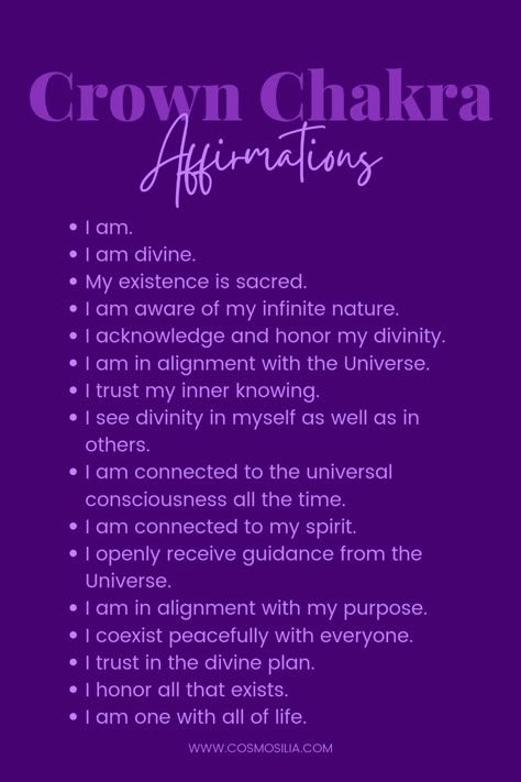 Crown Chakra Affirmations Chakra Healing Affirmations, Chakra Chart, The Crown Chakra, Chakra Healing Meditation, Chakra Health, Chakra Affirmations, Healing Affirmations, Energy Healing Spirituality, Chakra Yoga