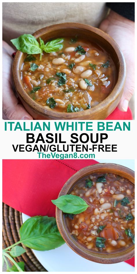 Soup With Basil, Vegan Basil Recipes, Vegan Italian Soup, Vegetarian White Bean Soup, Vegan White Bean Soup, Mediterranean White Bean Soup Recipes, White Bean Soup Vegan, Vegan Tuscan White Bean Soup, Oil Free Vegan Recipes