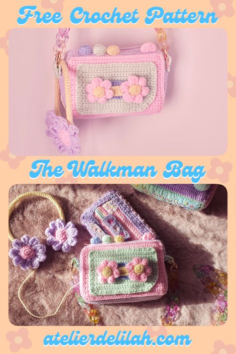 Hooked on Nostalgia: Crochet This Cute Walkman Bag Now - Atelier Delilah Crochet Bag Decoration Ideas, Crochet Secret Stash, Kawaii Crochet Blanket, Crochet Kawaii Bag, Crochet Kawaii Free Pattern, Kawaii Crochet Pattern Free, Blanket Business, Spooky Crochet, Learn Crochet