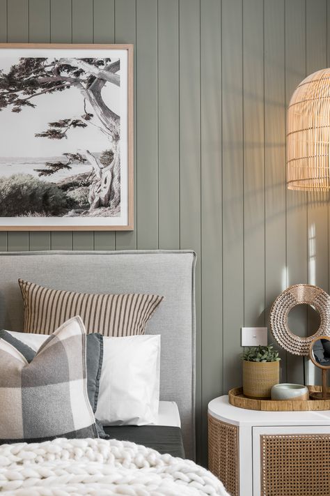 Sage Vj Panelling, Vj Panelling Main Bedroom, Sage Green Bedroom Panelling, Sage Green Vj Panelling Bedroom, Sage Green Panelling Bedroom, Master Bedrooms Vj Panelling, Soccer Bedroom, Hamptons Style Home, Feature Wall Bedroom