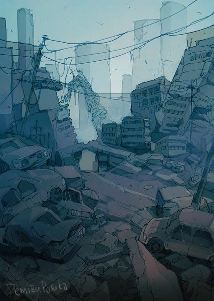 Ruined City, City Background, City Drawing, Perspective Art, The Promised Neverland, Background Drawing, Perspective Drawing, Promised Neverland, 판타지 아트