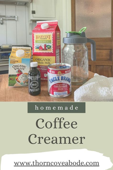 My fave coffee creamer started adding a bunch of unnecessary ingredients so I learned to make my own. So easy and delicious! 1 3/4 cups Half and Half, or equal parts Milk and Heavy Cream 14 oz Sweetened Condensed Milk (add to taste) 1 Tbsp Real Vanilla Extract Pour it all in a jar together and shake! #coffeecreamer #homemade #simplerecipe #homademadecreamer #thorncoveabode #southernkitchen #coffee #recipe Sweetened Condensed Coffee Creamer, Coffee Creamer Using Sweetened Condensed Milk, Diy Coffee Creamer Without Sweetened Condensed Milk, Coffee Creamer With Sweetened Condensed Milk, Homemade Organic Coffee Creamer, Homemade Coffee Creamer Sweetened Condensed Milk, Diy Coffee Creamer With Half And Half, Canned Coconut Milk Coffee Creamer, Coffee Creamer Sweetened Condensed Milk