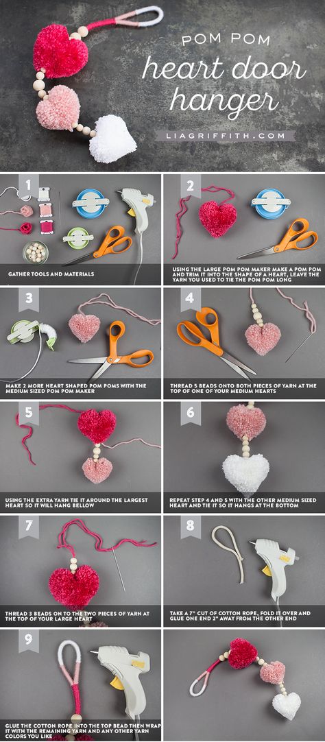 Follow your heart with our pom pom heart decor project... Valentine's fun for everyone! Simple gather the supplies and craft along with our photo tutorial Pillow Tassels, Pom Pom Heart, Pompon Diy, Pom Crafts, Valentine Garland, Diy Pom Poms, Diy Pom Pom, Pom Pom Maker, Diy Yarn