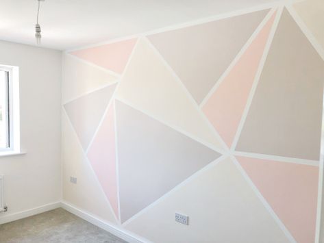 DIY Geometric Feature Wall | Lottie Does Geometric Feature Wall, Geometric Wall Paint, Feature Wall Bedroom, Kids Bedroom Walls, Girl Bedroom Walls, Diy Wall Painting, Room Wall Painting, Bedroom Wall Designs, Bedroom Wall Paint