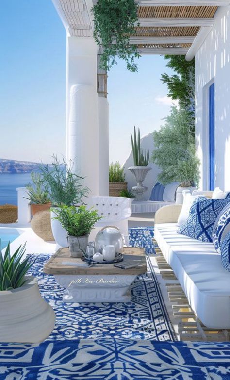 Beach Villa Design, Greece Houses, Greek House Interior, Home Roof Design, Greek Style Home, Conservatory Interiors, Greece House, Santorini House, Beach Style Decorating