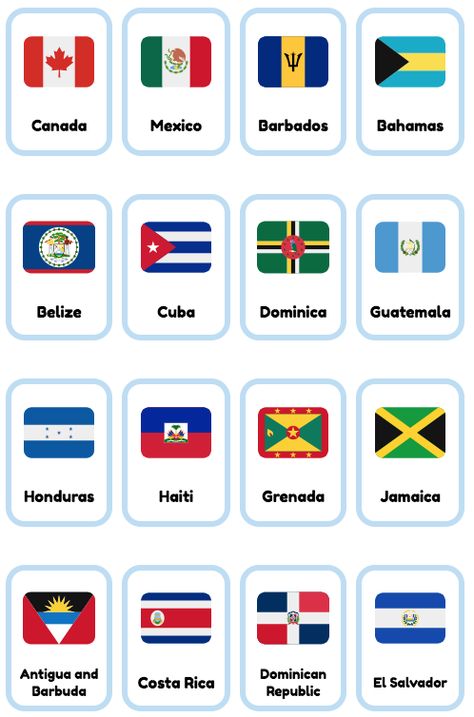 16 free North American countries printable flashcards made from emoji. Choose from small medium and large sizes on A4 or letter paper. Great for teaching ESL. Zastave Sveta, North America Flags, North America Countries, World Flags With Names, North America Flag, Online Flashcards, English Flashcards, America Theme, Passport Template