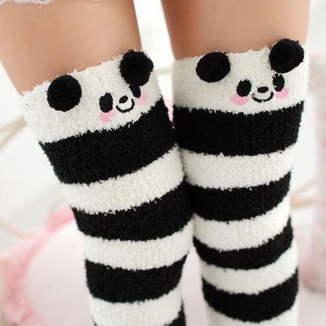 Fuzzy Thigh High Socks, Panda Socks, Pastel Style, Japanese Animals, Kawaii Socks, Fishnet Socks, Panda Party, Pretty Accessories, Kawaii Panda